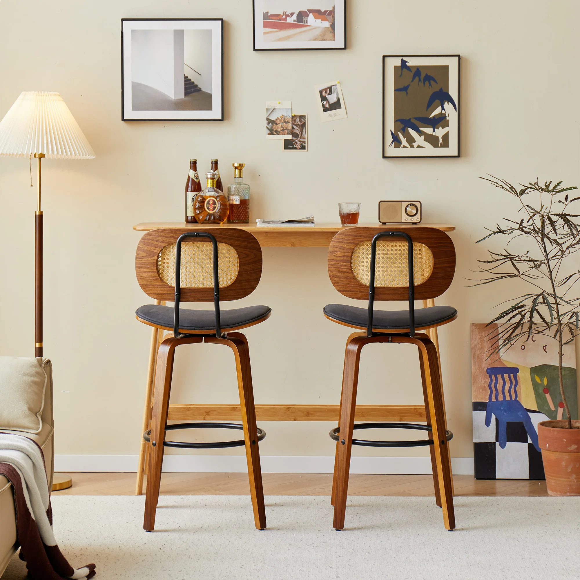 ALESUND - Lot de 2 tabourets de bar en bois massif et cannage noir - Image 6