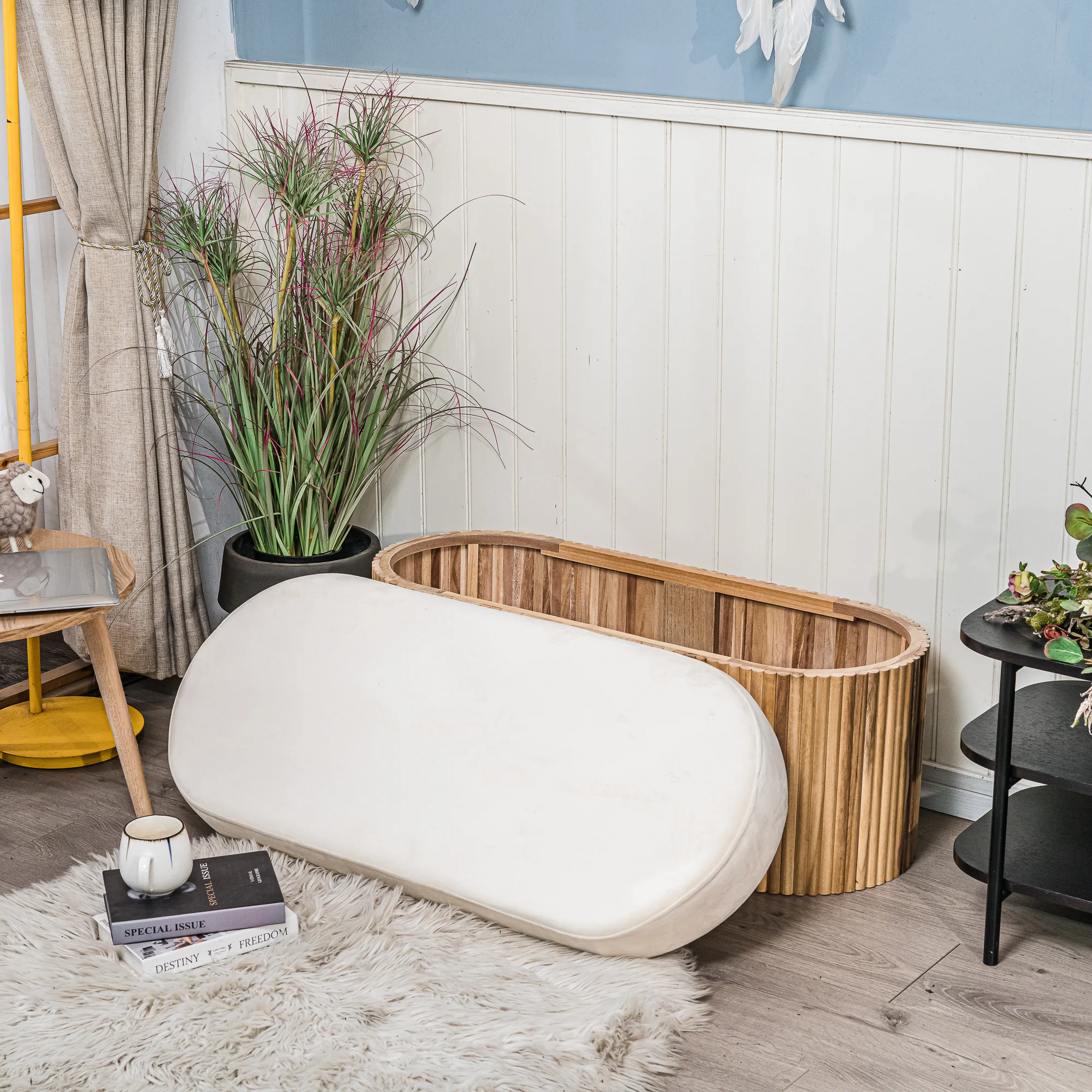 BAOTSU - Banc avec rangement en bois et velours beige - Image 3