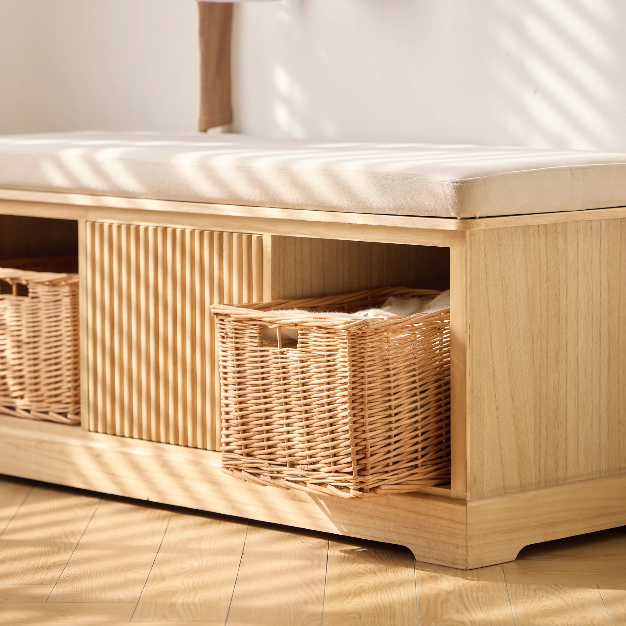 CHIBA - Banc avec rangements en bois et velours beige - Image 3