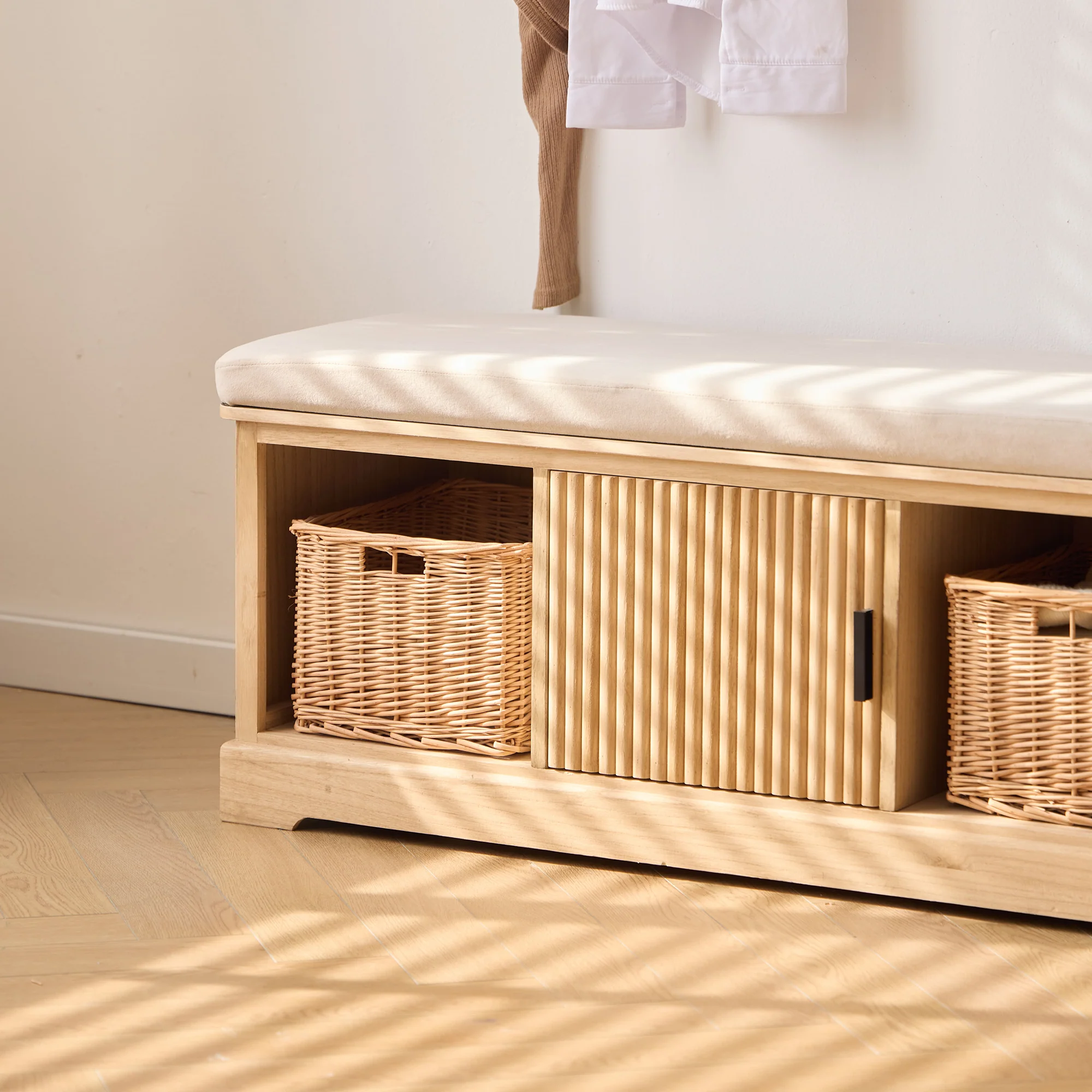 CHIBA - Banc avec rangements en bois et velours beige - Image 8