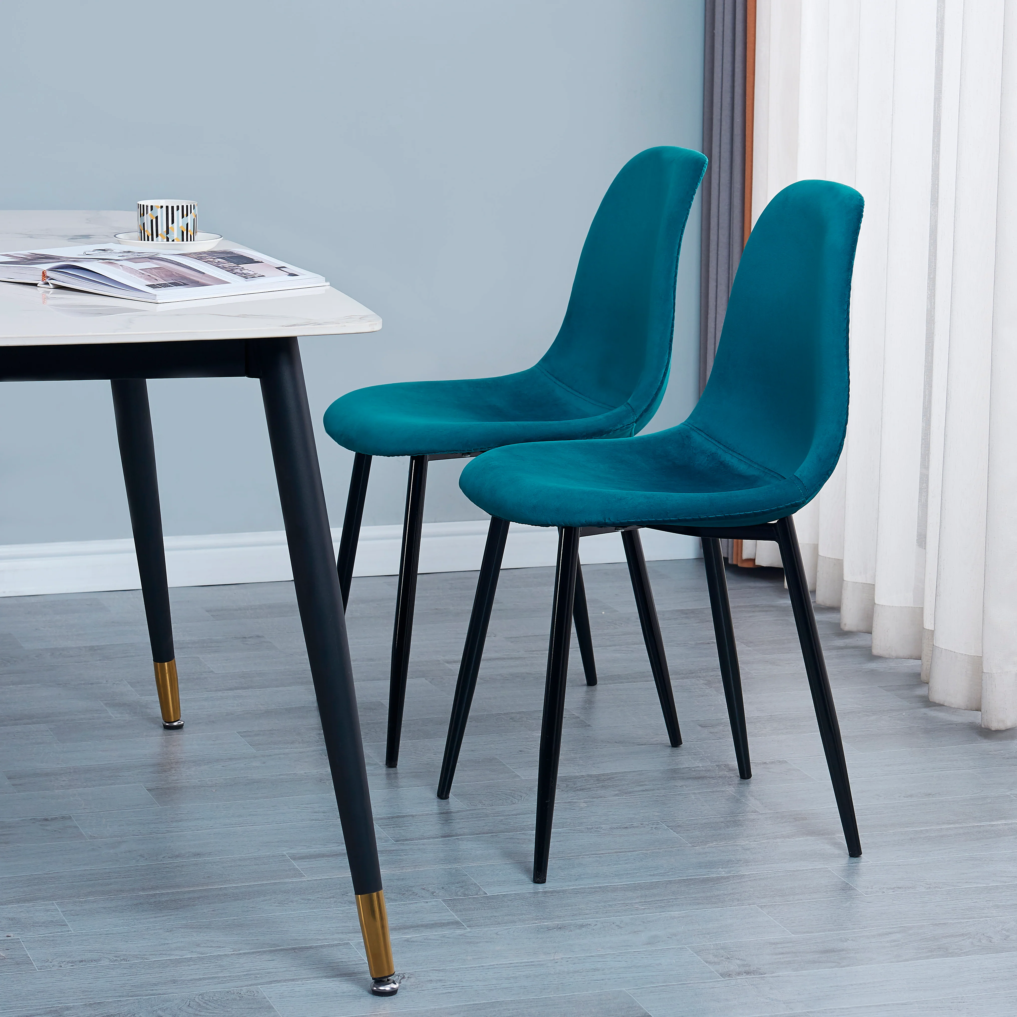 COPENHAGEN - Lot de 4 chaises en métal et velours bleu canard - Image 3