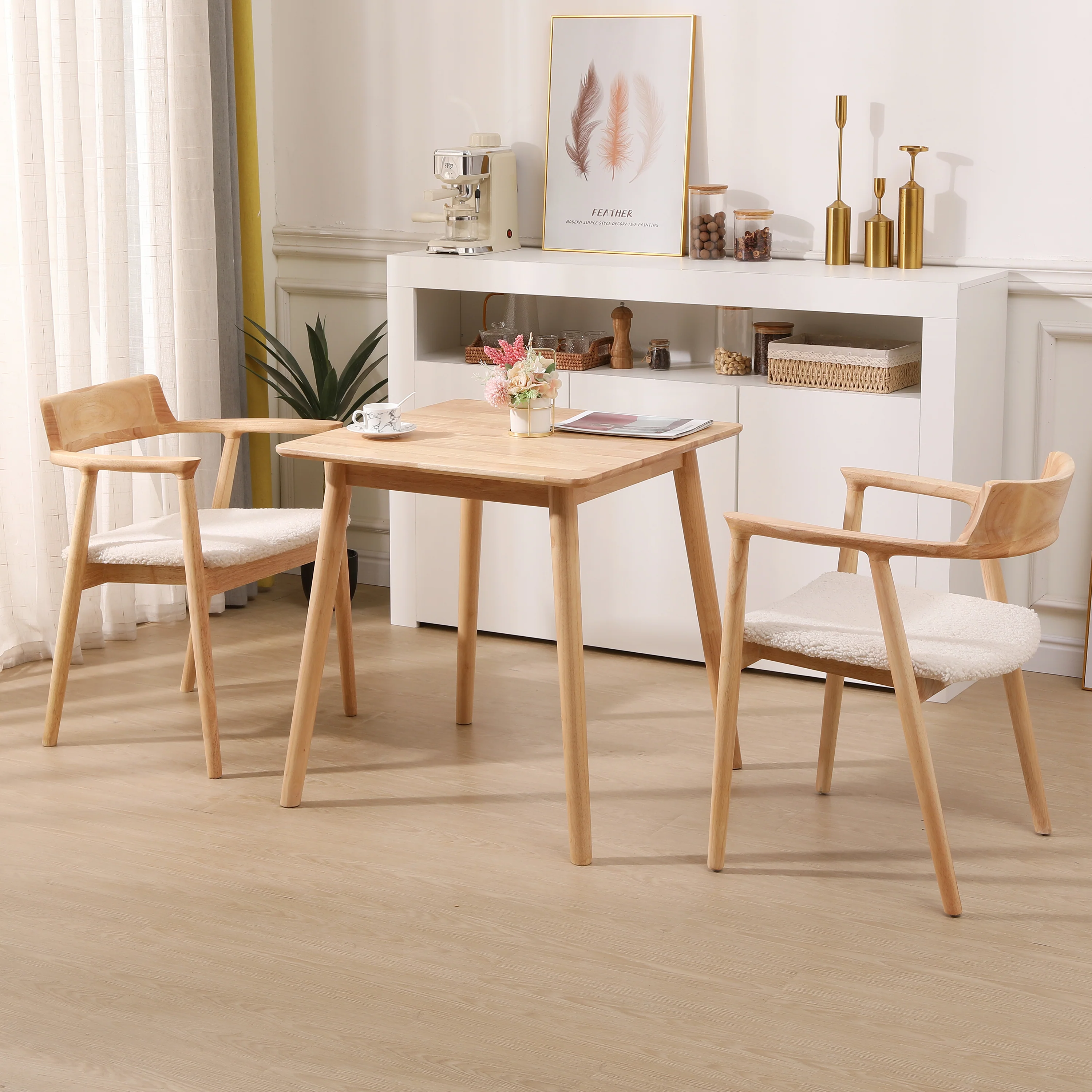 CORDOBA - Lot de 2 chaises en bois massif avec accoudoirs et bouclettes blanches - Image 3