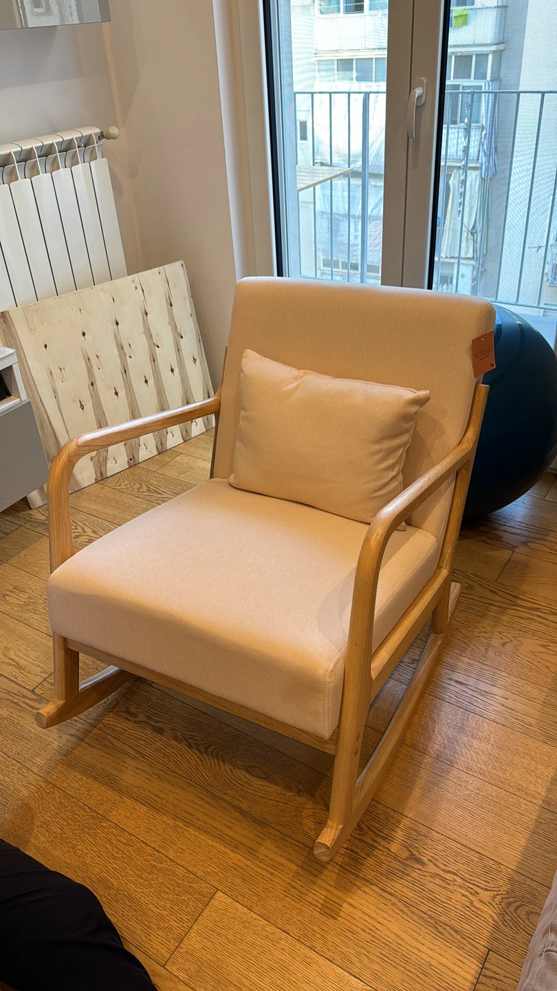 DIANA - Rocking chair en bois massif et tissu beige - Image 9
