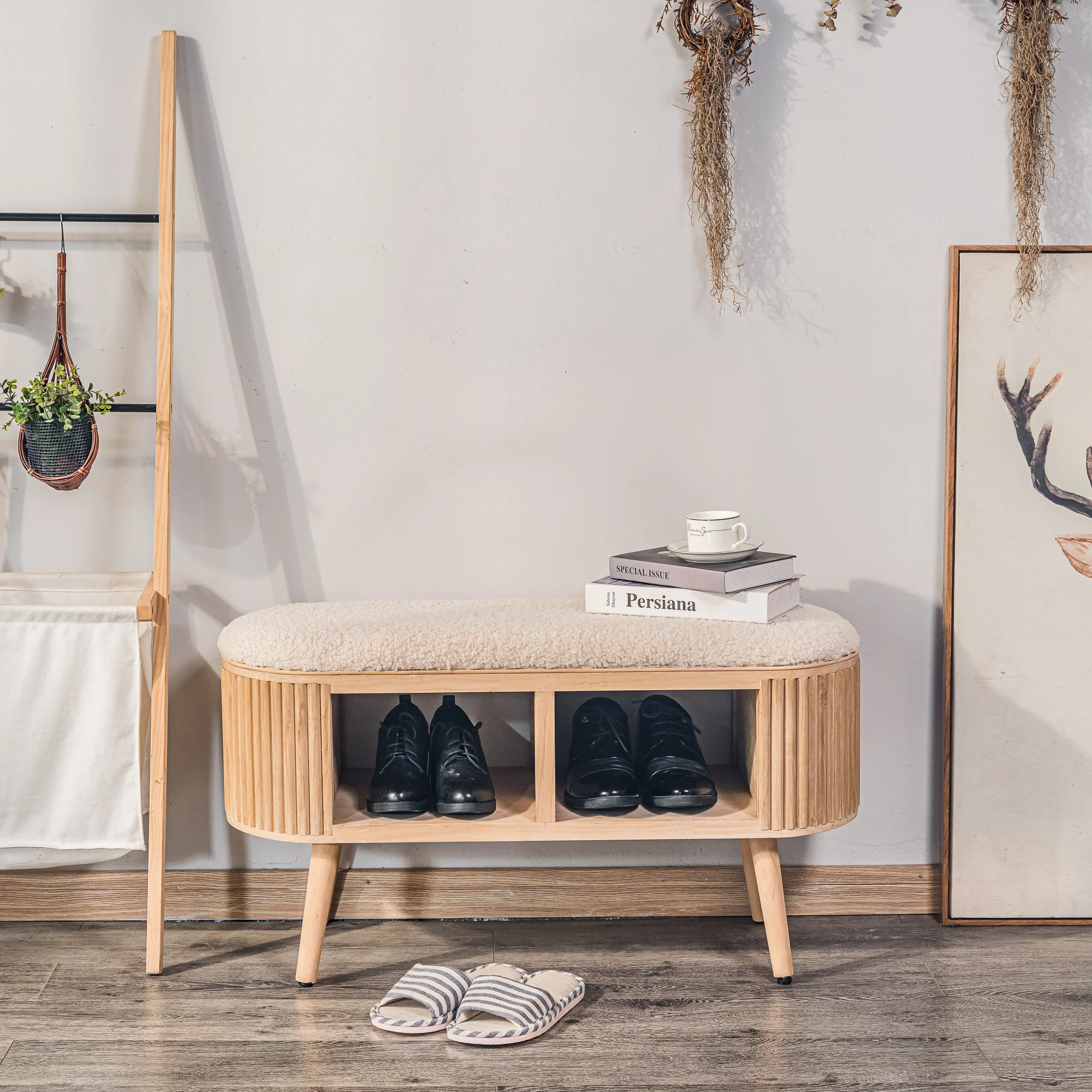 ISUMI - Banc avec rangement en pin et bouclettes blanches - Image 3