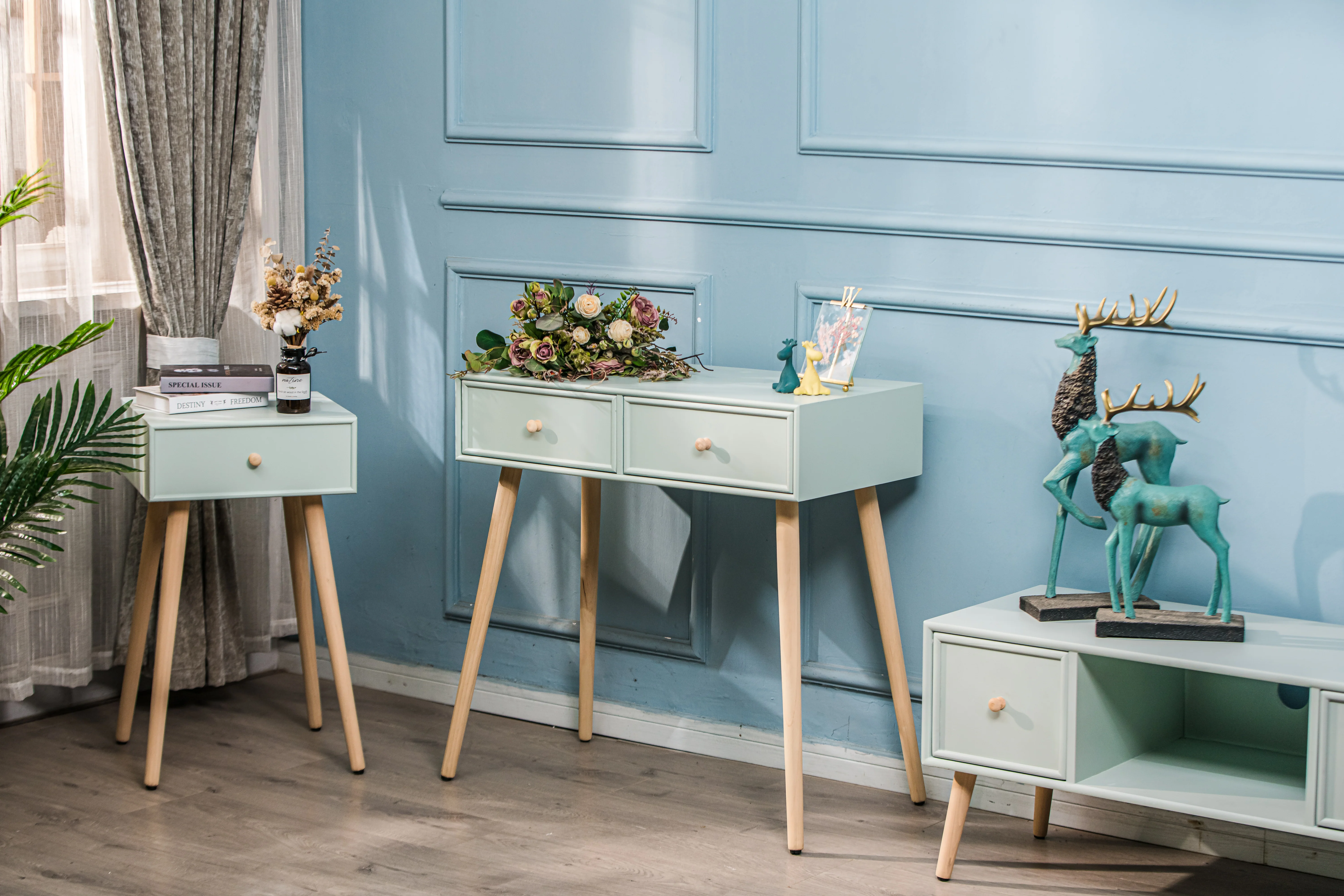NISHIO - Console 2 tiroirs en bois coloris vert menthe - Image 3