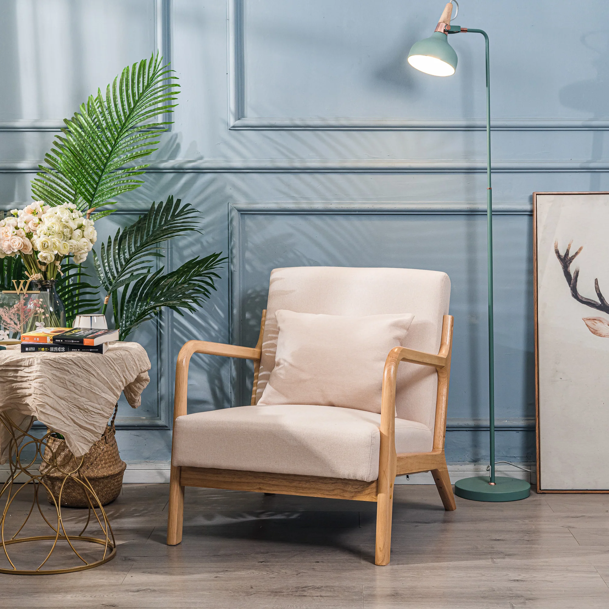 OHAMA - Fauteuil de salon en bois massif et tissu beige - Image 8