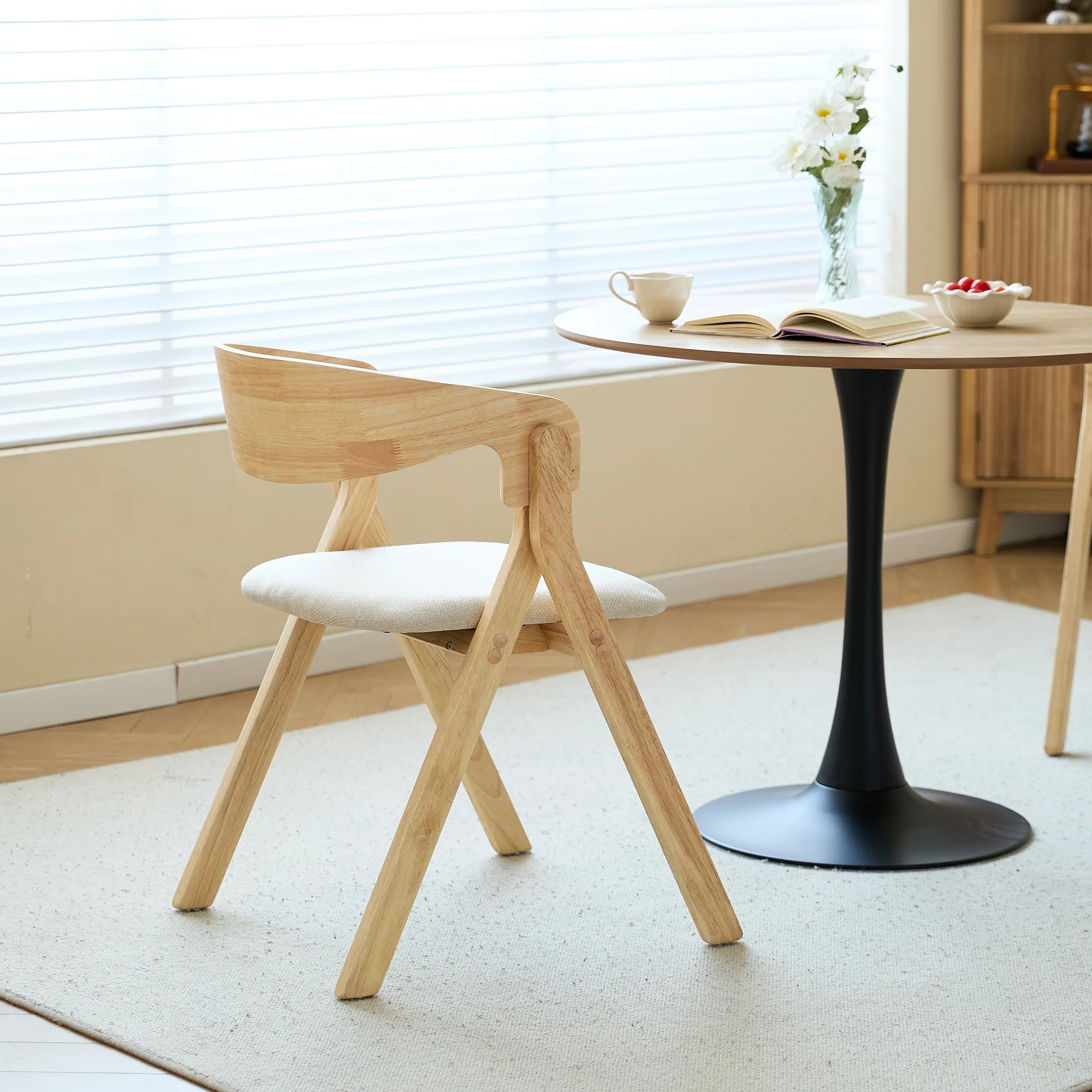 PORI - Lot de 2 chaises de salle à manger en bois massif et tissu beige - Image 6
