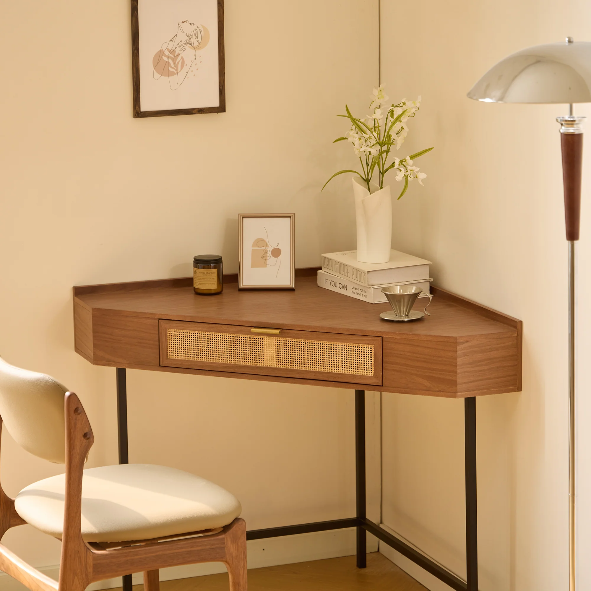 SETO - Bureau d'angle en bois de noyer et rotin 1 tiroir - Image 3