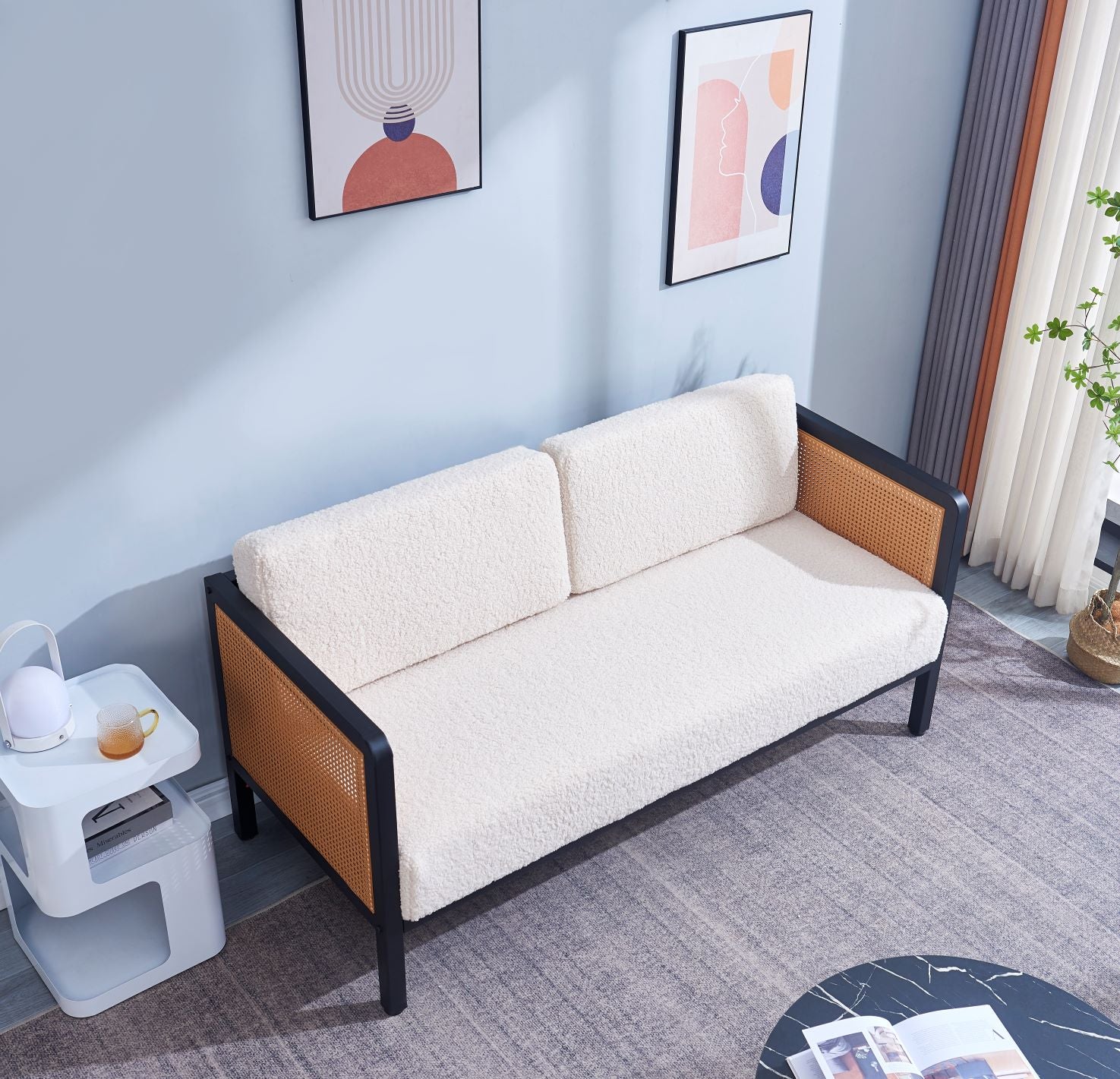 OREBRO - Canape 2/3 personnes en cannage et bouclettes blanches - Image 3