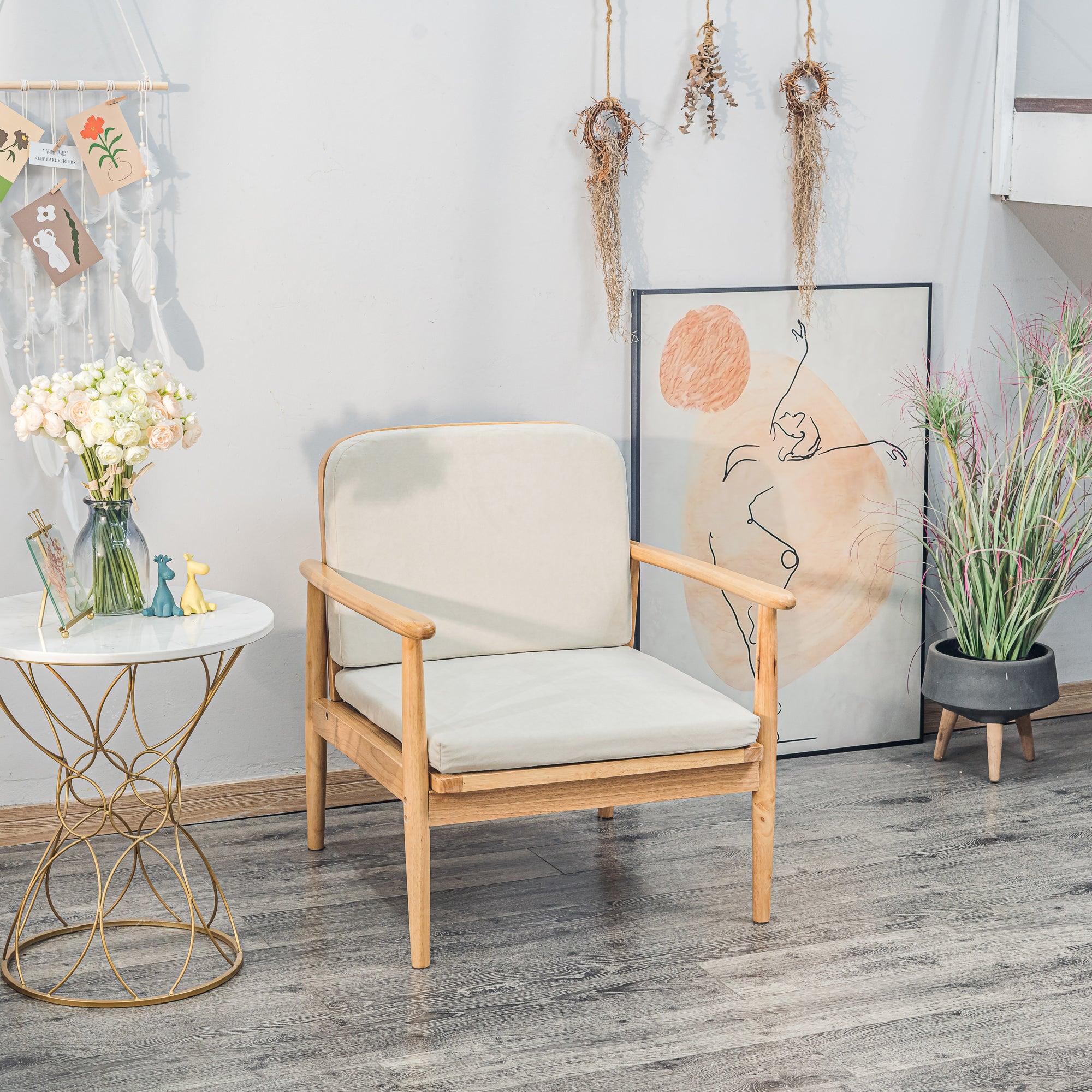 SURABAYA - Fauteuil de salon en bois massif et tissu beige - Image 3