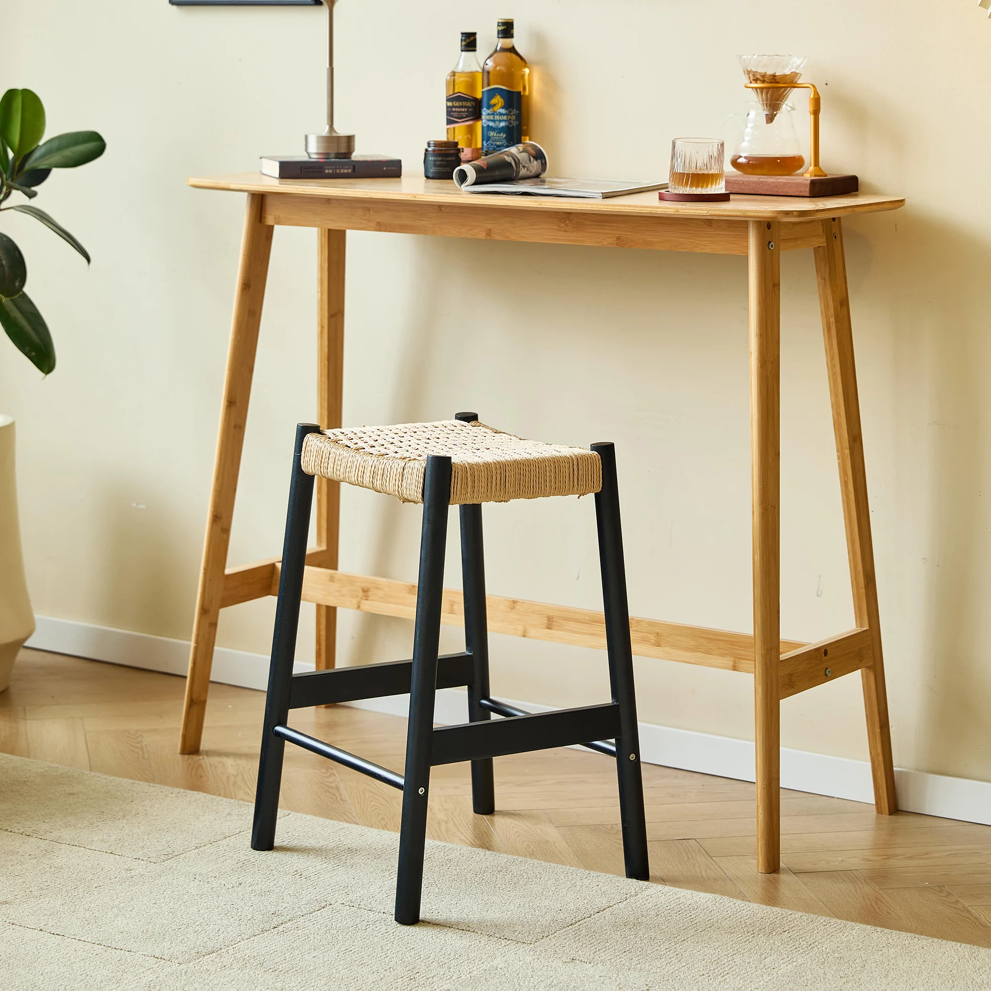SALTA - Lot de 2 tabourets de bar en bois massif noir et corde - Image 3