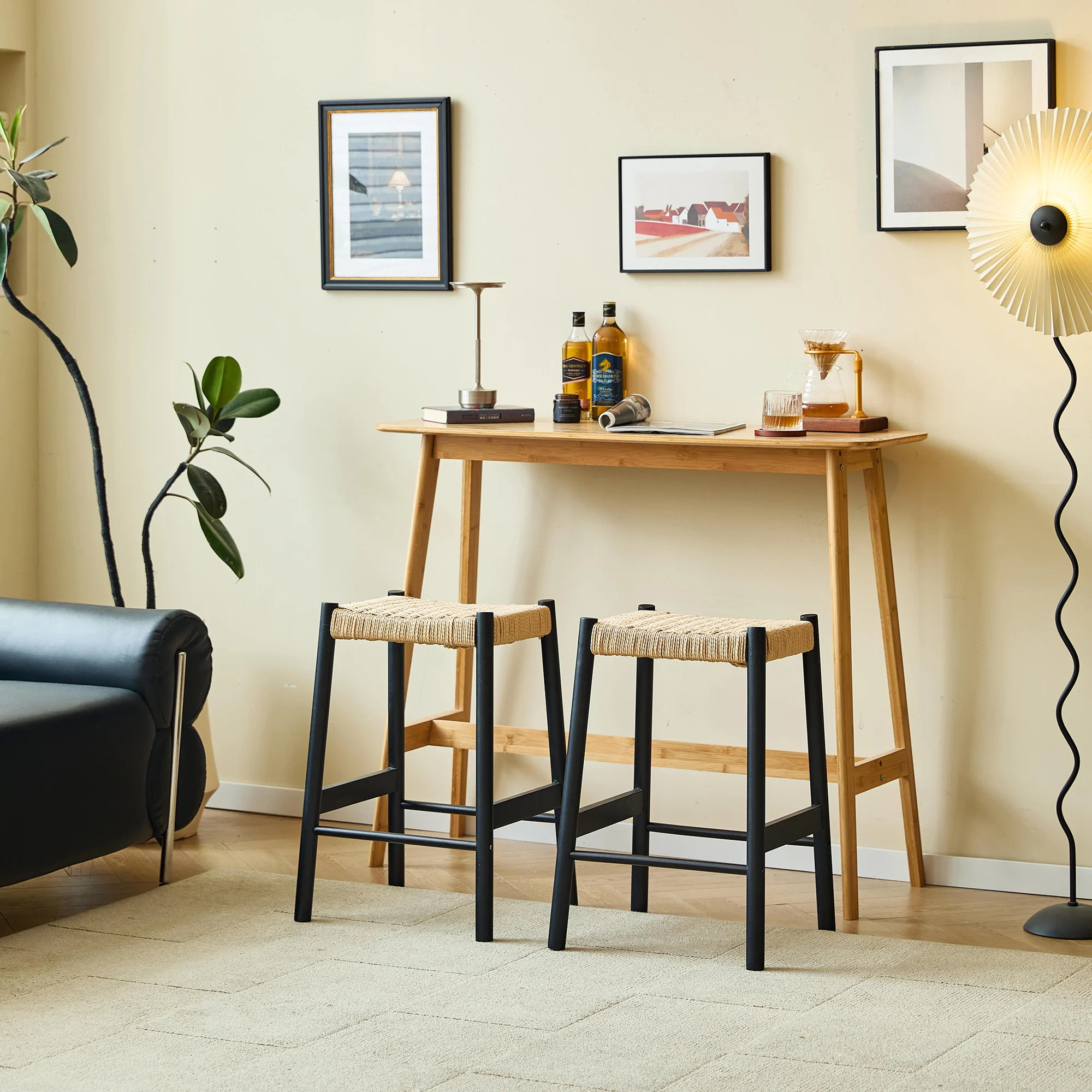 SALTA - Lot de 2 tabourets de bar en bois massif noir et corde - Image 5