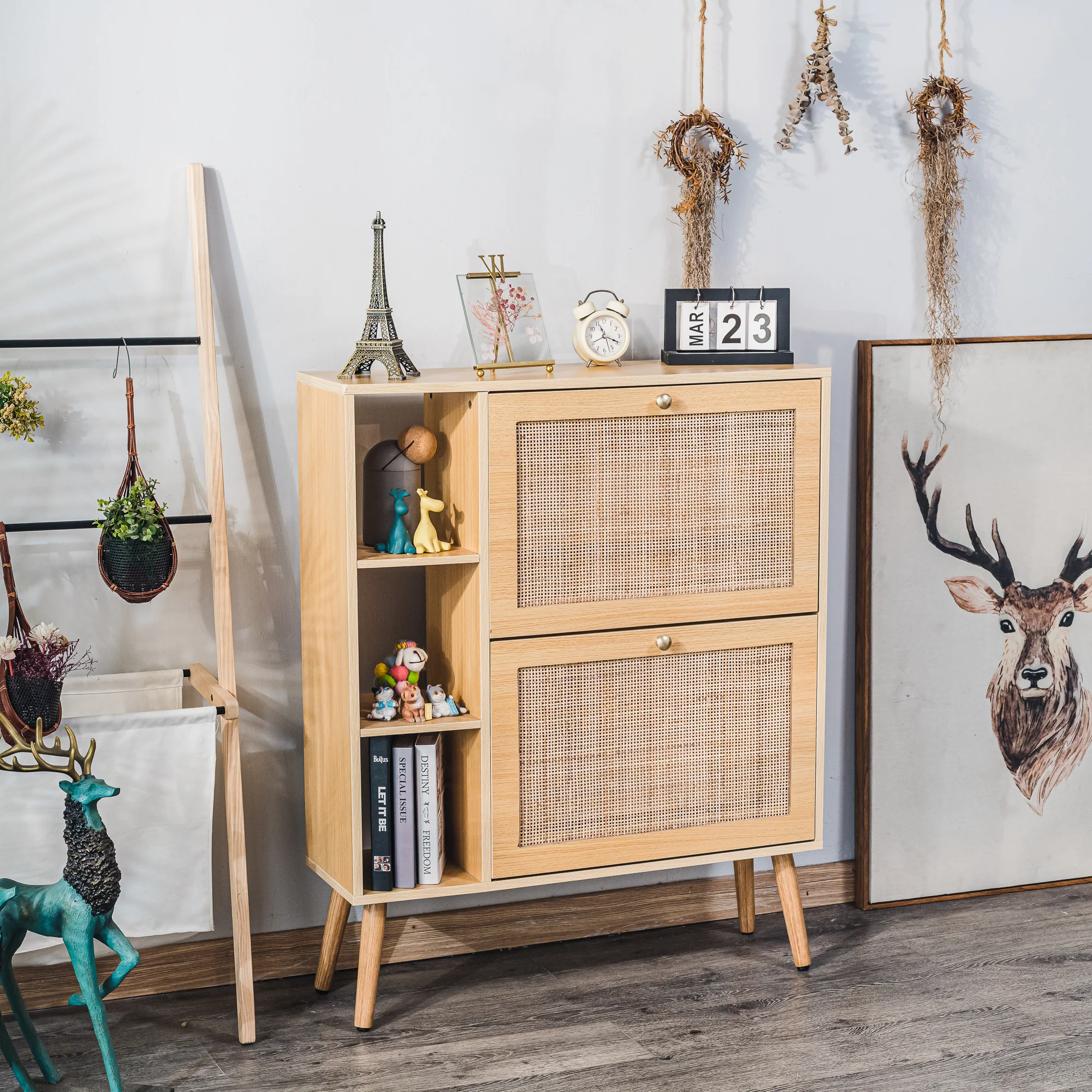 TOKAI - Meuble à chaussures 2 tiroirs en bois et rotin - Image 3