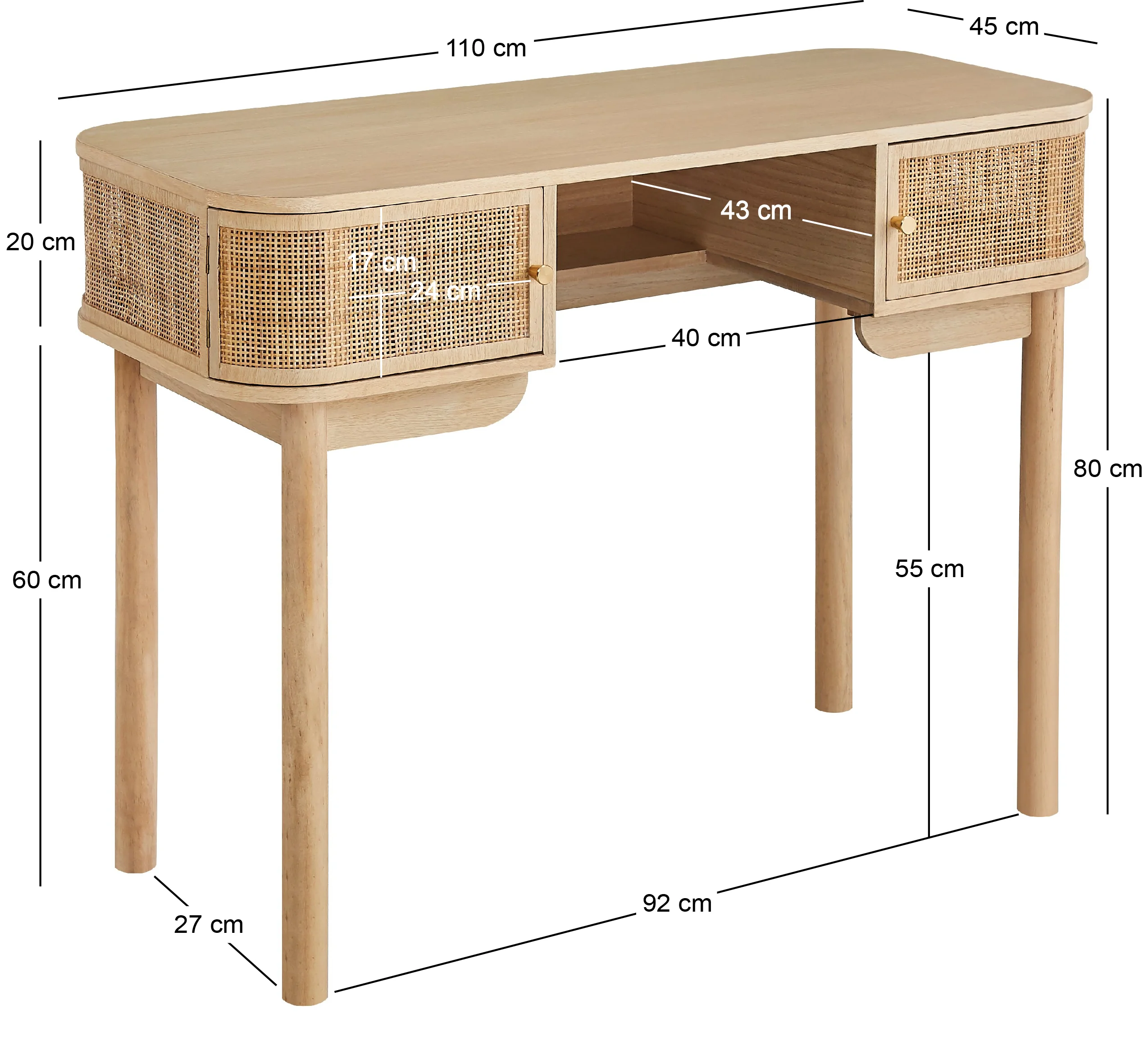 TOYAMA - Bureau 2 portes en bois et cannage/rotin - Image 6