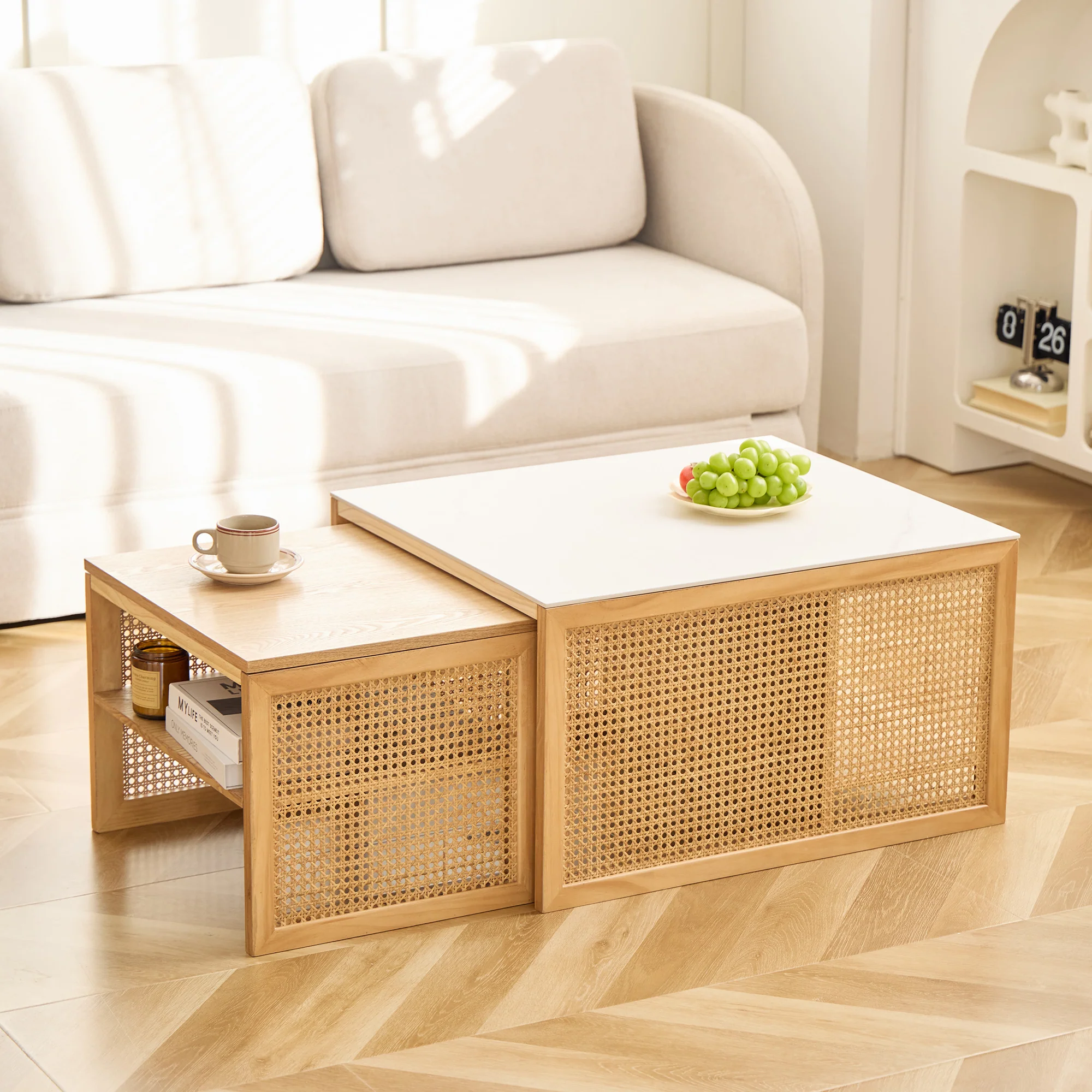 TROMSO - Set de 2 tables basses gigognes en rotin et plateau effet marbre - Image 6